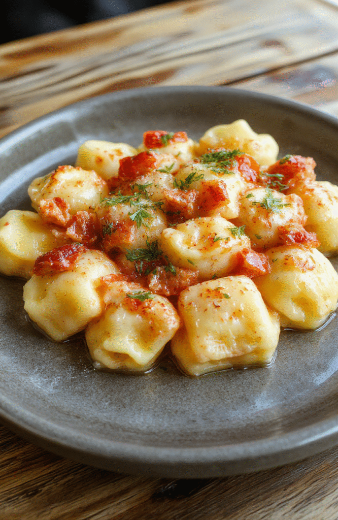 Bunter Gnocchi-Gulasch in einer großen Schüssel, mit zarten Gnocchi, kräftiger Soße, Paprika, Zwiebeln und Fleischstücken, alles mit frischen Kräutern garniert.