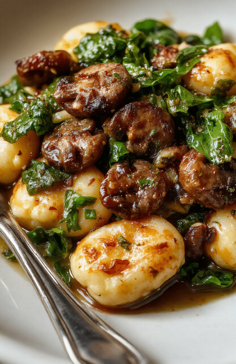 Bunte Gnocchi mit braunen Pilzen und frischem, grünem Spinat auf einem weißen Teller, liebevoll angerichtet, mit Kräutern garniert, die Textur der Gnocchi ist weich und goldbraun, die Pilze saftig und die Spinatblätter frisch.
