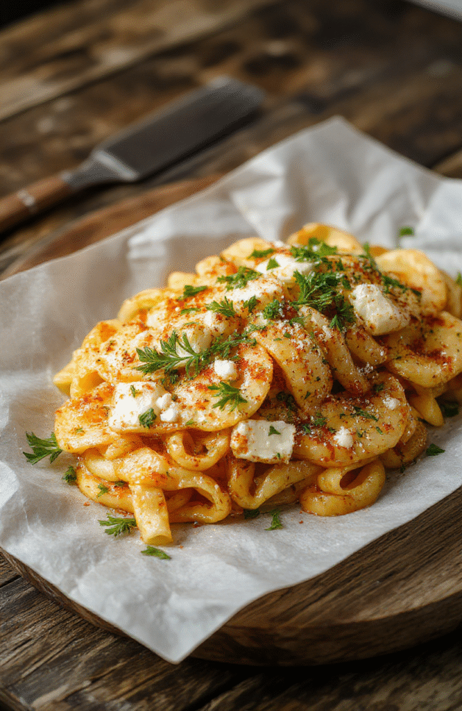 Bunter griechischer Nudel-Auflauf auf einem weißen Teller, bestreut mit zerbröckeltem Feta, umgeben von frischen Kräutern, mit goldbraunen Rändern und cremigem Inneren, abgebildet auf einem dunklen Holztablett