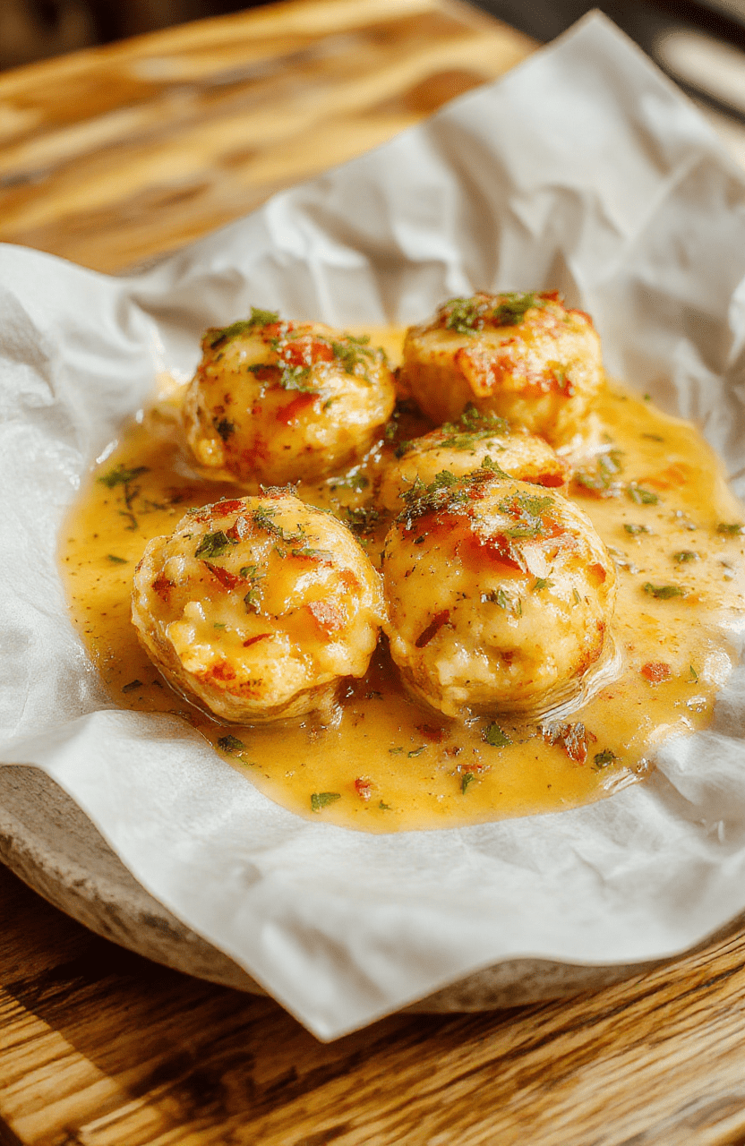 Bunte Hackbällchen in einer cremigen, glatten Sauce auf einem weißen Teller, garniert mit frischen Kräutern, serviert neben cremigem Kartoffelpüree, warmes Licht, ansprechende Präsentation