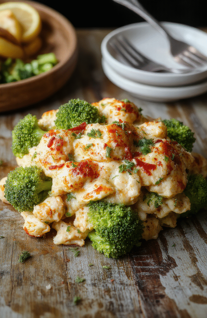 A colorful broccoli chicken casserole in a white baking dish, topped with melted cheese and fresh parsley, with vibrant green broccoli and tender chicken pieces visible, styled on a rustic wooden table with natural daylight, looking warm and appetizing.
