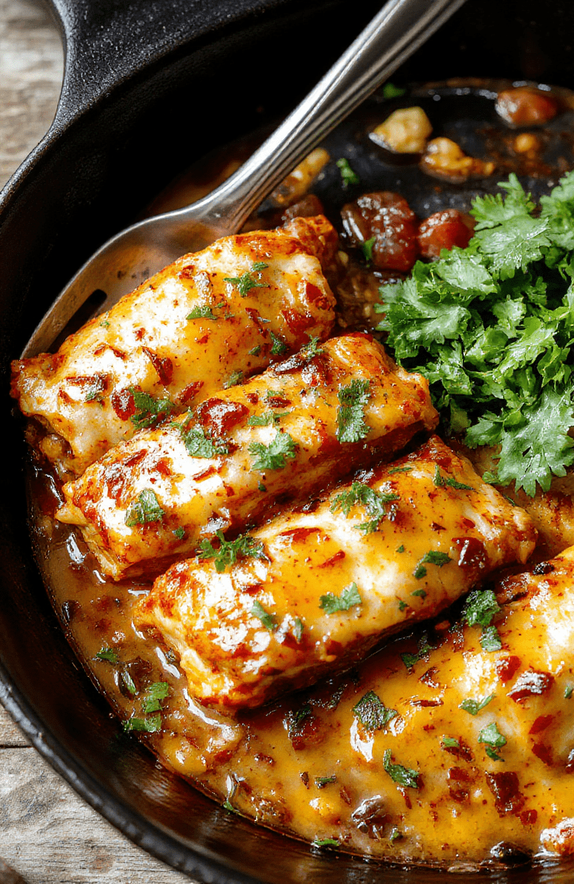 A colorful enchilada skillet served in a rustic cast iron pan, bursting with vibrant red sauce, melted cheese, and fresh cilantro garnished on top. The dish showcases layers of seasoned ground meat, melted cheese, and chopped vegetables with a side of warm tortillas. The setting is a cozy kitchen with natural light illuminating the dish's textures and rich colors, emphasizing its hearty and inviting appeal.