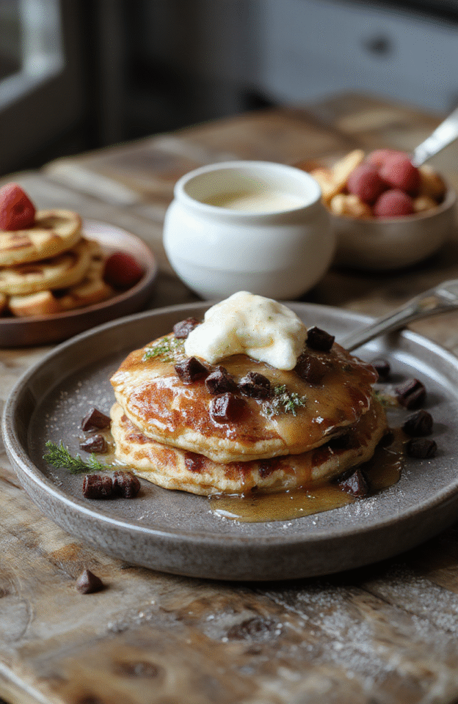 A stack of fluffy, golden pancakes topped with fresh berries, drizzled with maple syrup, served on a rustic white plate, with a sprig of mint, set on a wooden table with natural sunlight highlighting the textures and vibrant colors.