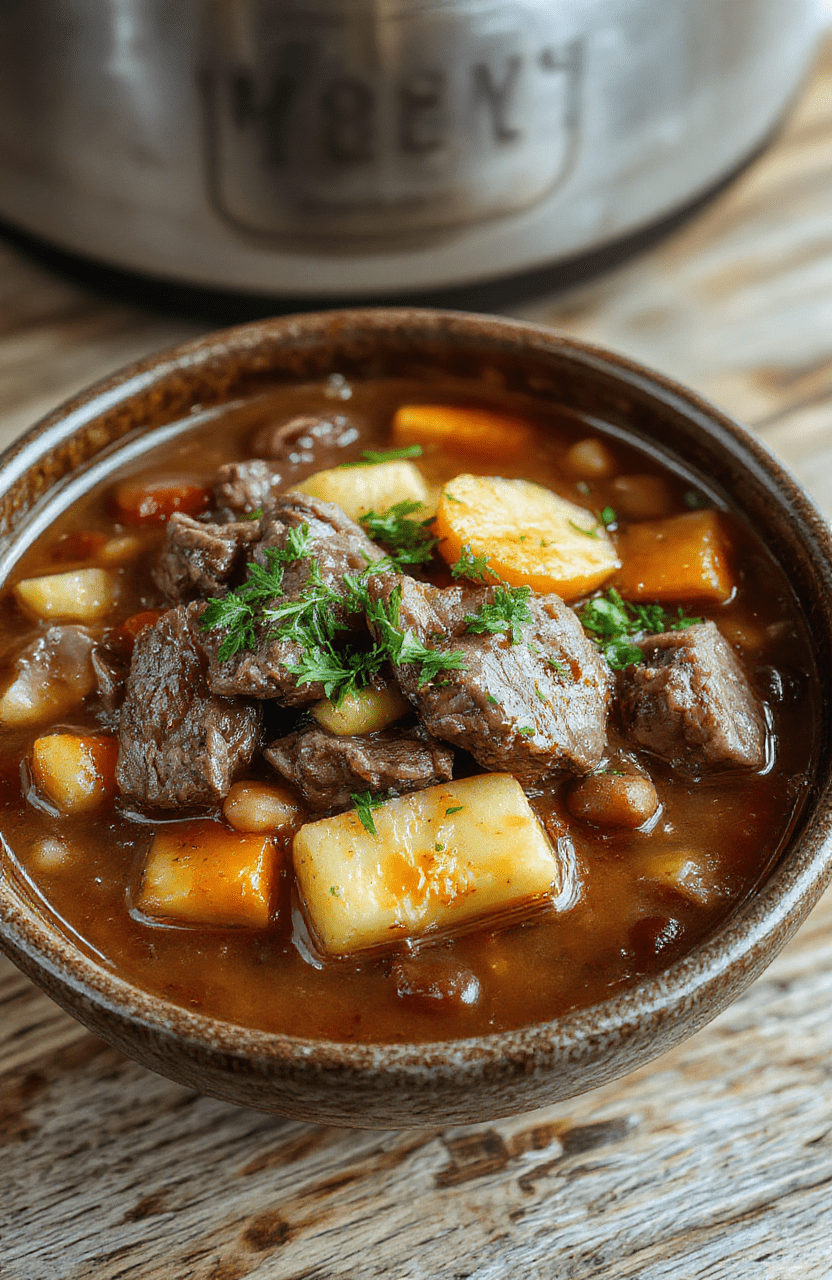 A rustic bowl of Hearty One-Pot Cowboy Stew filled with chunks of beef, potatoes, carrots, and beans, garnished with fresh herbs, presented on a wooden table with a cozy, inviting atmosphere, vibrant colors, and a textured background.