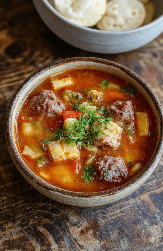 A vibrant bowl of hearty vegetable beef soup with tender chunks of beef, colorful carrots, celery, potatoes, and green beans, garnished with fresh parsley, served steaming in a rustic bowl on a wooden table.