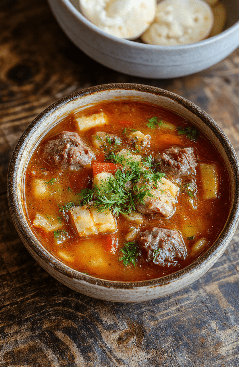 A vibrant bowl of hearty vegetable beef soup with tender chunks of beef, colorful carrots, celery, potatoes, and green beans, garnished with fresh parsley, served steaming in a rustic bowl on a wooden table.