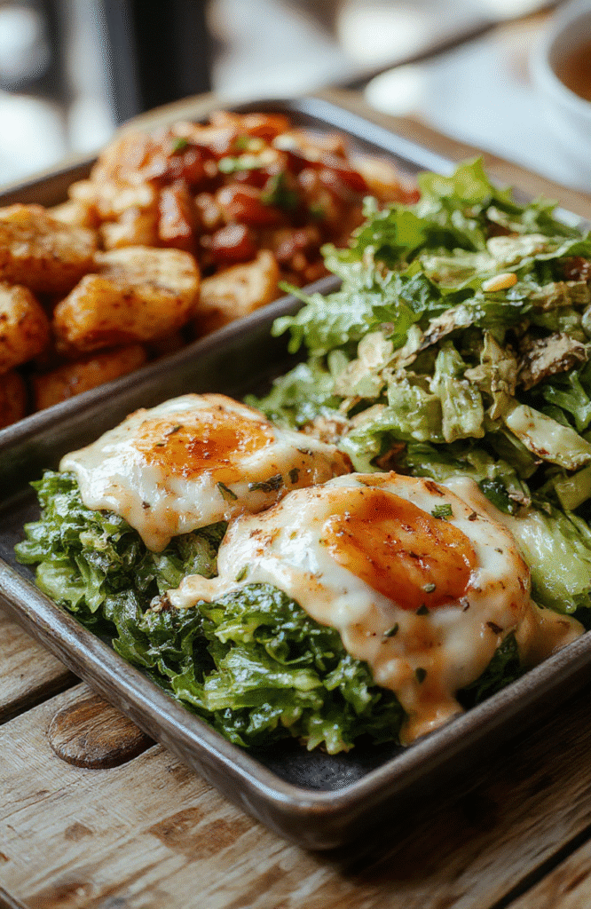Bunter heißer Schafskäse im knusprigem Fladenbrot, garniert mit frischen Kräutern, Tomaten, und Zitronenscheiben, appetitlich angerichtet, leicht glänzend, rustikale Holzoberfläche im Hintergrund
