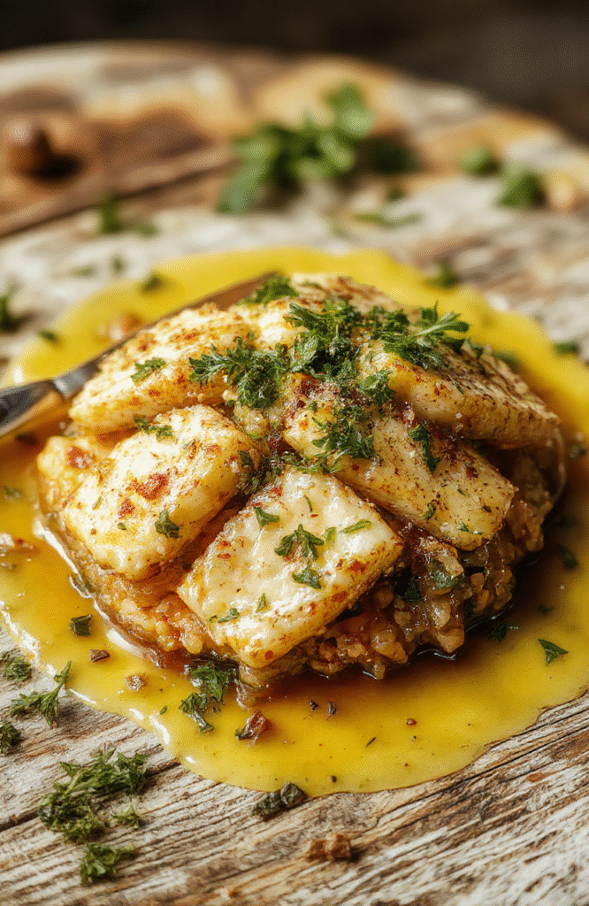 Bunter herbstlicher Halloumi-Orzo-Auflauf in einer rechteckigen Backform, goldbraun gebacken, mit Sesam bestreut, frische Kräuter garnieren, auf einem rustikalen Holztisch angerichtet, ansprechend und einladend gestaltet.
