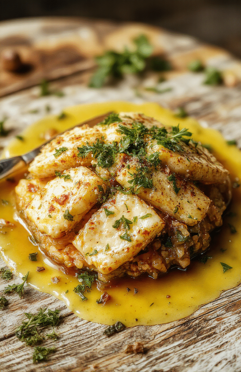 Bunter herbstlicher Halloumi-Orzo-Auflauf in einer rechteckigen Backform, goldbraun gebacken, mit Sesam bestreut, frische Kräuter garnieren, auf einem rustikalen Holztisch angerichtet, ansprechend und einladend gestaltet.