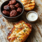 Bunter Teller mit goldbraunen Gnocchi, umgeben von saftigem Gulasch, bunter Kürbiswürfel, frischen Kräutern, auf einem rustikalen Holzteller serviert, mit weichen Schatten und natürlichem Licht, appetitlich präsentiert