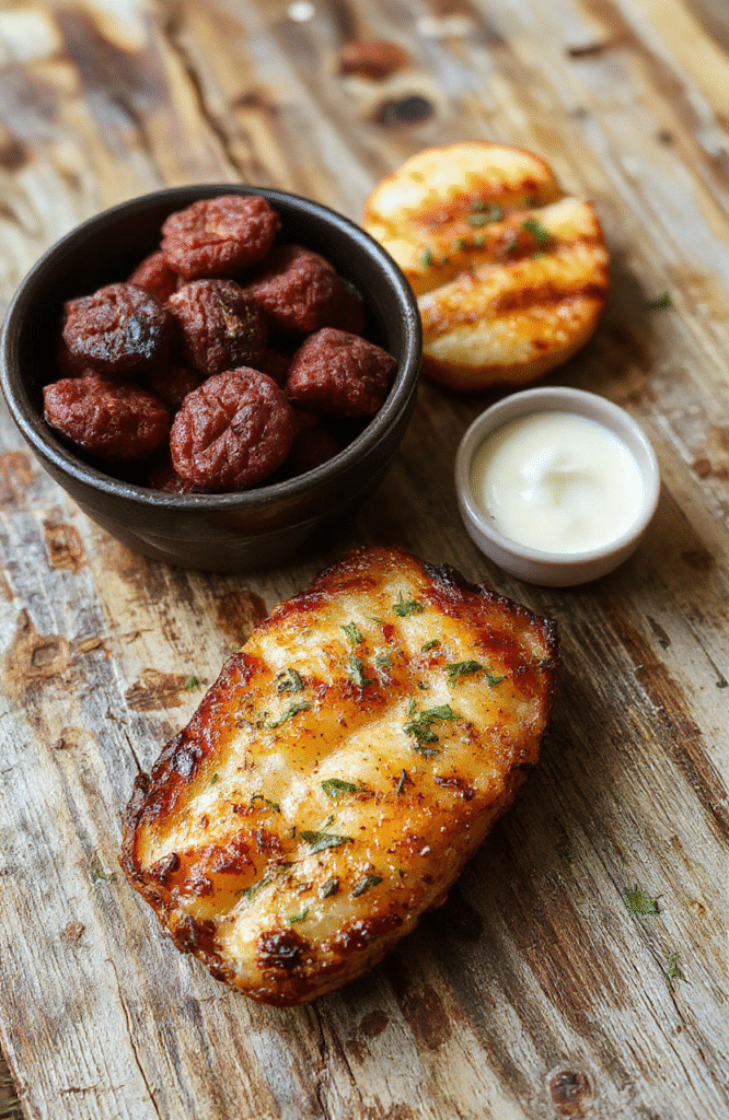 Bunter Teller mit goldbraunen Gnocchi, umgeben von saftigem Gulasch, bunter Kürbiswürfel, frischen Kräutern, auf einem rustikalen Holzteller serviert, mit weichen Schatten und natürlichem Licht, appetitlich präsentiert