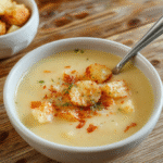 Bunte Kartoffelsuppe in einer weißen Schüssel, garniert mit frischer Petersilie, mit cremiger Textur und goldbraunen Kartoffelstücken, auf einem Holztablett angerichtet