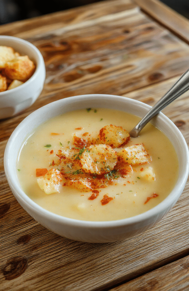 Bunte Kartoffelsuppe in einer weißen Schüssel, garniert mit frischer Petersilie, mit cremiger Textur und goldbraunen Kartoffelstücken, auf einem Holztablett angerichtet
