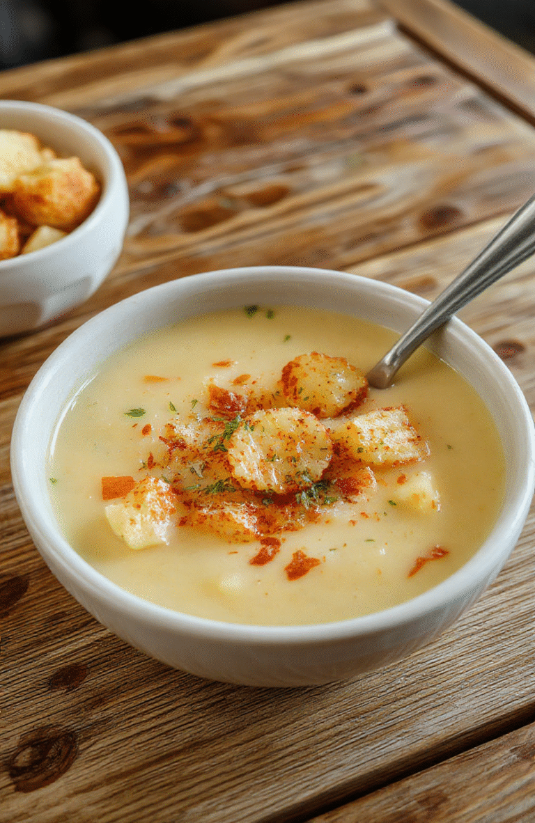 Bunte Kartoffelsuppe in einer weißen Schüssel, garniert mit frischer Petersilie, mit cremiger Textur und goldbraunen Kartoffelstücken, auf einem Holztablett angerichtet