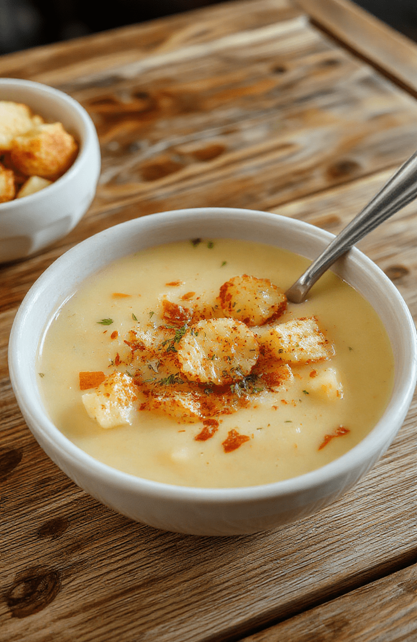 Bunte Kartoffelsuppe in einer weißen Schüssel, garniert mit frischer Petersilie, mit cremiger Textur und goldbraunen Kartoffelstücken, auf einem Holztablett angerichtet