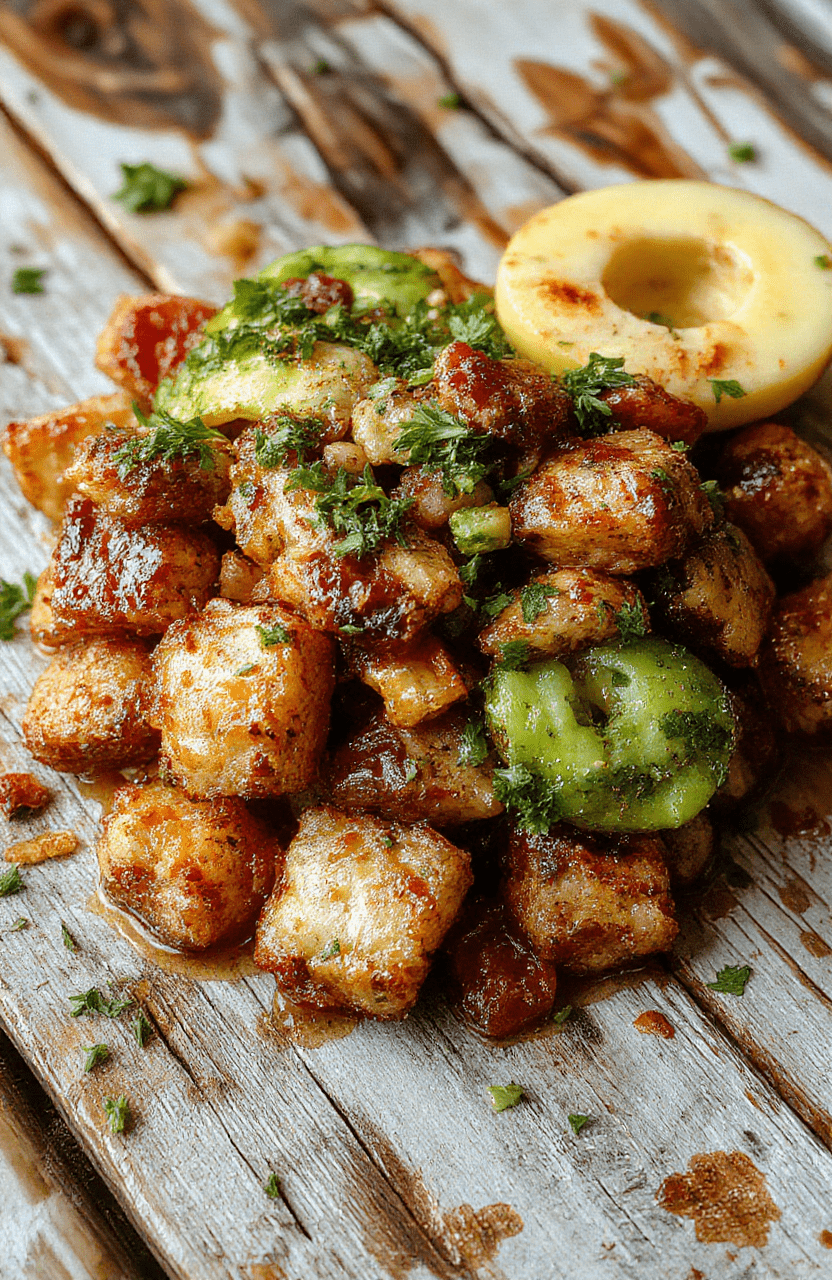 Bunte Gnocchi-Pastete auf einem weißen Teller, kombiniert mit saftigem Hähnchen, frischen Kräutern, cremiger Sauce und knusprigem Gemüse, alles ansprechend angerichtet, appetitlich und bunt