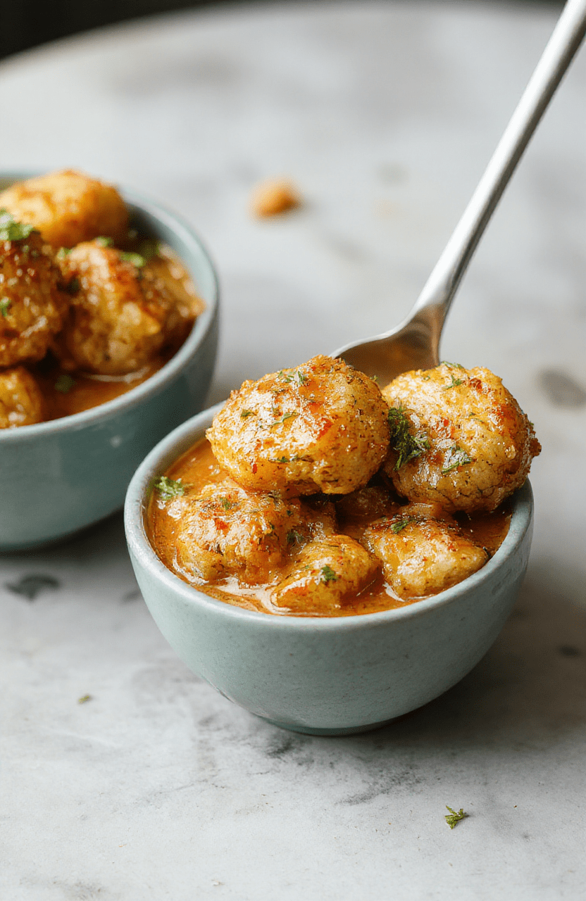 Blick auf einen Teller mit goldbraunen Hackbällchen in einer cremigen, roten Paprikasoße, schön angerichtet auf weißem Teller mit frischer Petersilie als Garnierung, im Hintergrund dezent neutrale Tischdecke