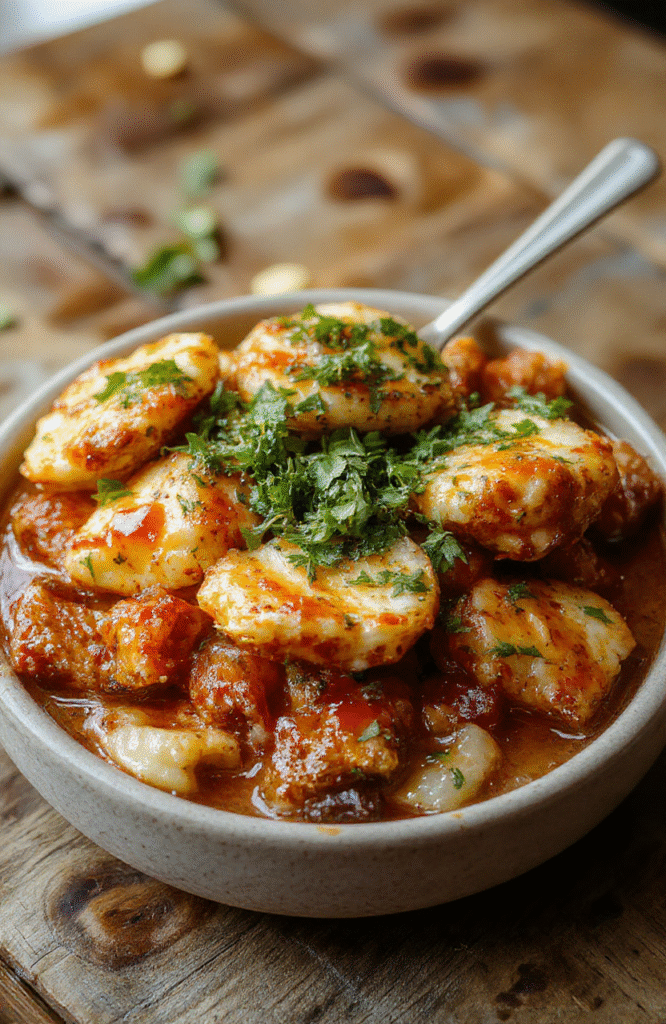 Bunte Hackbällchen in einer cremigen roten Paprikasoße auf einem weißen Teller, begleitet von frischen Kräutern und Paprikastreifen, mit einer goldbraunen Kruste und saftigem Inneren, stilvoll angerichtet mit einem weichen Tuch im Hintergrund.