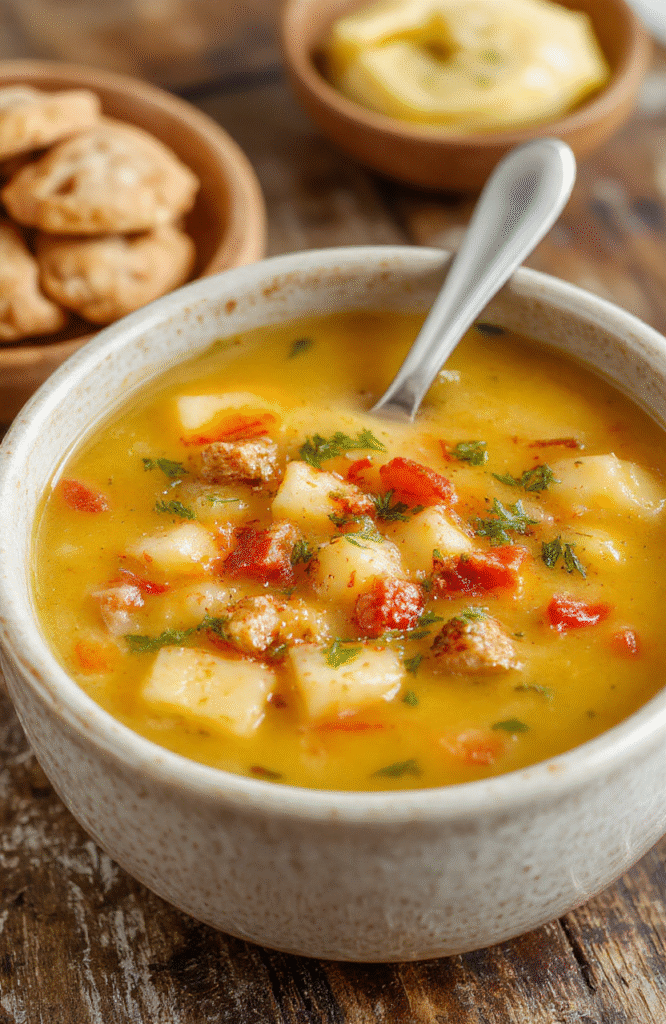 Eine cremige Kartoffelsuppe in einer weißen Schüssel, garniert mit frischer Petersilie, mit brotseitigem Areal im Hintergrund, warme Farben, cremige Textur, ansprechend präsentiert.