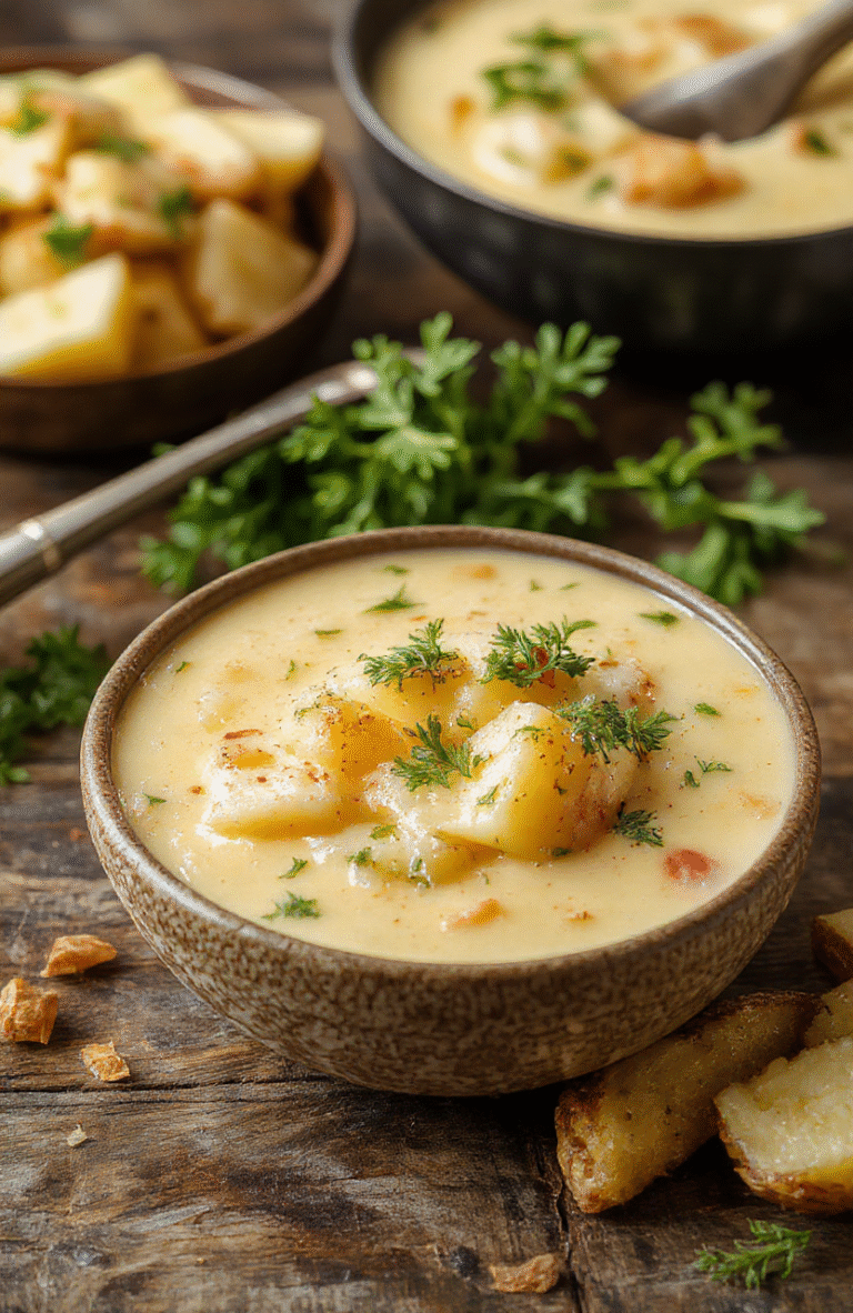 Bunte Kartoffelsuppe in einer tiefen weißen Schüssel, mit cremiger Textur, goldbraune Kartoffelstücke, grüne Kräuter und eine leichte Dampfquelle, rustikaler Holzuntergrund, ansprechend angerichtet.
