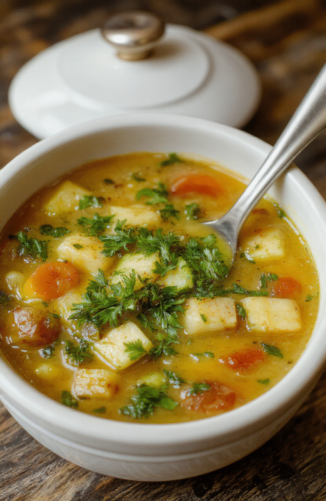 Bunte herzhafte toskanische Suppe in einer weißen Schüssel, mit frischen grünen Kräutern, grob geschnittenem Gemüse wie Karotten, Sellerie und Zucchini, cremige Brühe, die oben sichtbar ist, auf einem dunklen Holztisch mit einem Löffel daneben