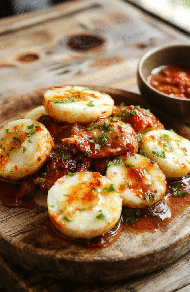 Bunter Cowboy-Auflauf auf einem Teller mit goldbrauner Käsekruste, reichlich Gemüse, saftiges Fleisch, schön angerichtet in einer weißen, rustikalen Schale, mit frischen Kräutern garniert