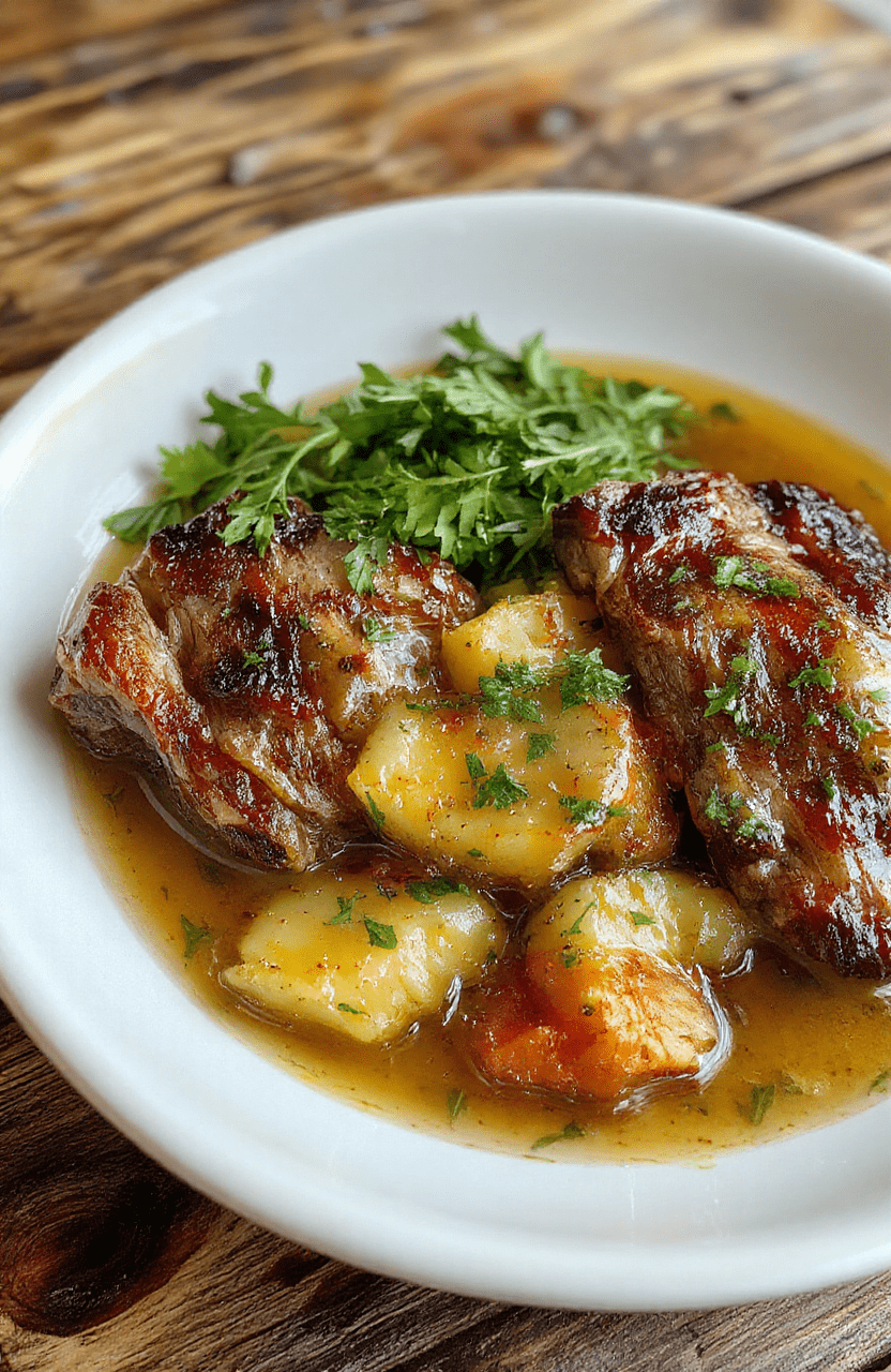 Ein goldbrauner Hackbraten, serviert auf einem weißen Teller, begleitet von cremigen Kartoffeln in Sahnesauce, garnierte mit frischen Kräutern, ansprechend angerichtet in einer rustikalen Küche