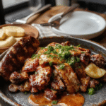 Bunter Eintopf in einem weißen Teller, mit zartem Rindfleisch, goldbraunen Kartoffeln, bunten Gemüsewürfeln, garniert mit frischer Petersilie, auf einem rustikalen Holztisch serviert, appetitlich und warm wirkend.