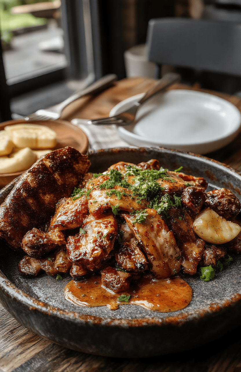 Bunter Eintopf in einem weißen Teller, mit zartem Rindfleisch, goldbraunen Kartoffeln, bunten Gemüsewürfeln, garniert mit frischer Petersilie, auf einem rustikalen Holztisch serviert, appetitlich und warm wirkend.