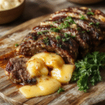 Der Kartoffel-Auflauf ist goldbraun im Ofen gebacken, mit geschmolzenem Cheddar-Käse und saftigem Steak oberhalb, auf einem weißen Teller mit frischen Kräutern serviert, mit knusprigen Kartoffeln und zartem Fleisch, stilvoll angerichtet, einladend und appetitlich