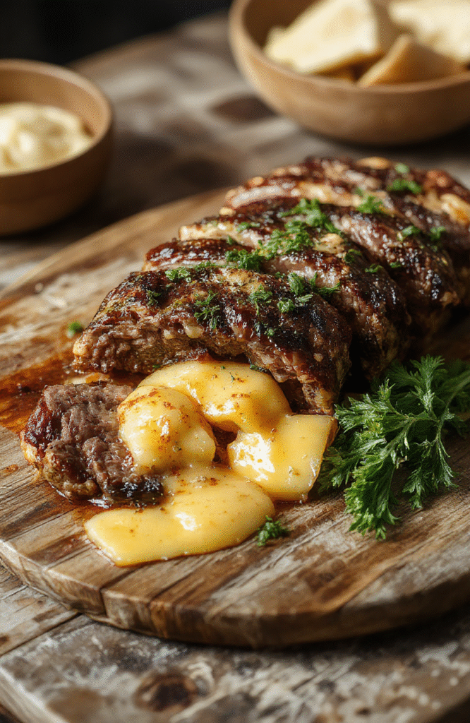 Der Kartoffel-Auflauf ist goldbraun im Ofen gebacken, mit geschmolzenem Cheddar-Käse und saftigem Steak oberhalb, auf einem weißen Teller mit frischen Kräutern serviert, mit knusprigen Kartoffeln und zartem Fleisch, stilvoll angerichtet, einladend und appetitlich