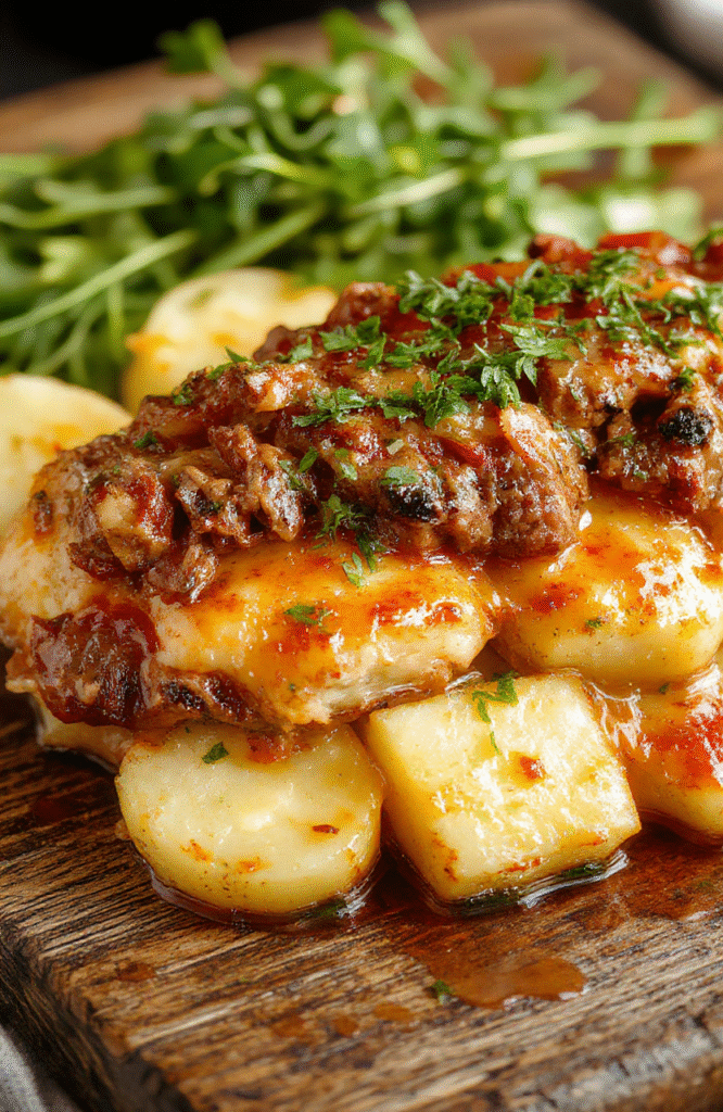 Bunter Süßkartoffel-Hackfleisch-Auflauf in einer weißen Keramikform, garniert mit zerbröseltem Feta und frischen Kräutern, warmes und ansprechendes Gericht, mit goldbrauner Oberfläche und saftiger Textur