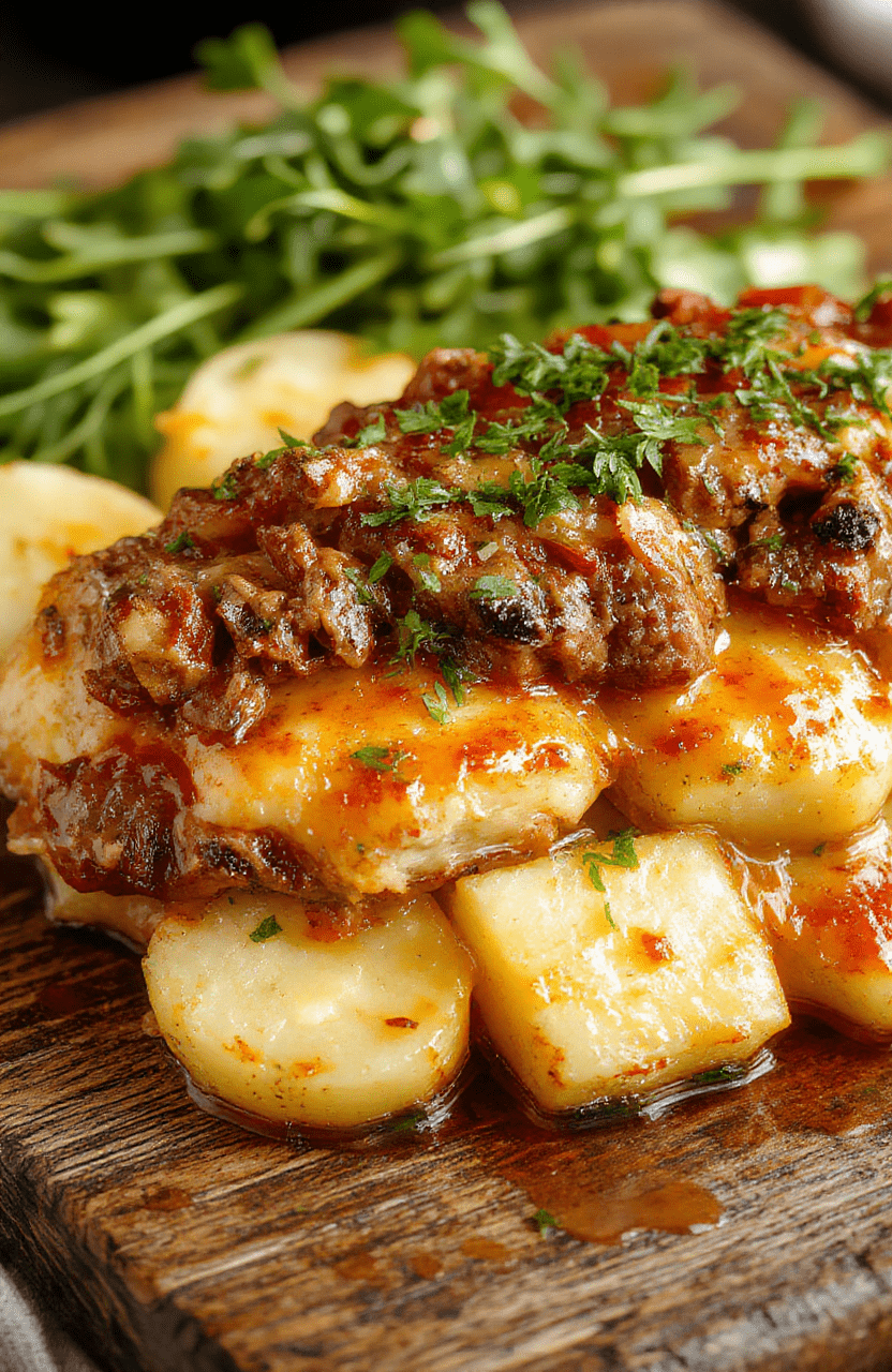 Bunter Süßkartoffel-Hackfleisch-Auflauf in einer weißen Keramikform, garniert mit zerbröseltem Feta und frischen Kräutern, warmes und ansprechendes Gericht, mit goldbrauner Oberfläche und saftiger Textur