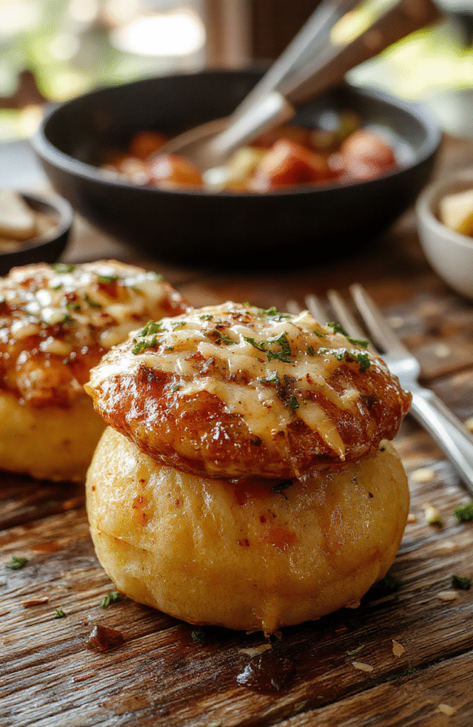 Bunter Hähnchen-Eintopf in einer weißen Schüssel auf einem Holztisch, mit frischen Kräutern garniert, sichtbare Zutaten wie Hühnchenstücke, Karotten, Sellerie und Kartoffeln, cremige Textur, ansprechend angerichtet, rustikaler Stil