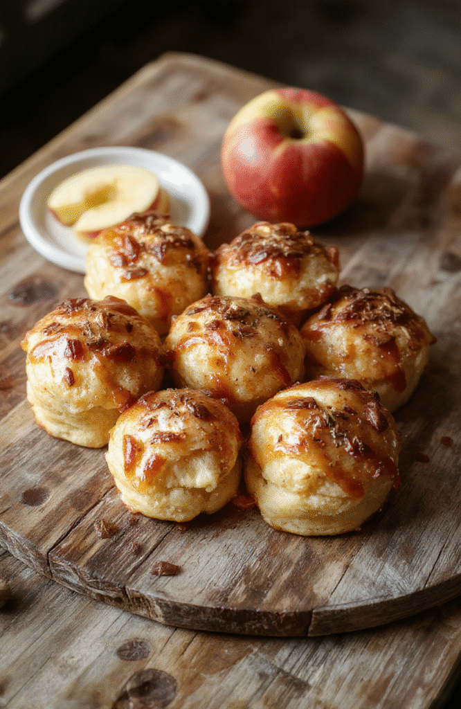 Bunte, goldbraune Apfeltaschen mit zartem Quark-Teig, fein dekoriert mit Puderzucker auf einem rustikalen Holzbrett, die Texturen sind weich mit knusprigem Rand, im Hintergrund sanftes Licht für eine einladende Atmosphäre.
