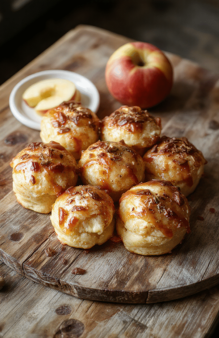 Bunte, goldbraune Apfeltaschen mit zartem Quark-Teig, fein dekoriert mit Puderzucker auf einem rustikalen Holzbrett, die Texturen sind weich mit knusprigem Rand, im Hintergrund sanftes Licht für eine einladende Atmosphäre.