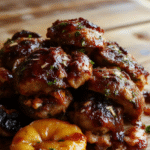 Buntes Hähnchenfilet mit glänzender Honig-Knoblauch-Glasur, serviert auf einem rustikalen Holzbrett mit frischen Kräutern und Zitrusfrüchten, die Textur des Fleisches ist zart und saftig, die Glasur ist klebrig und goldgelb, die Präsentation ist ansprechend und einladend.