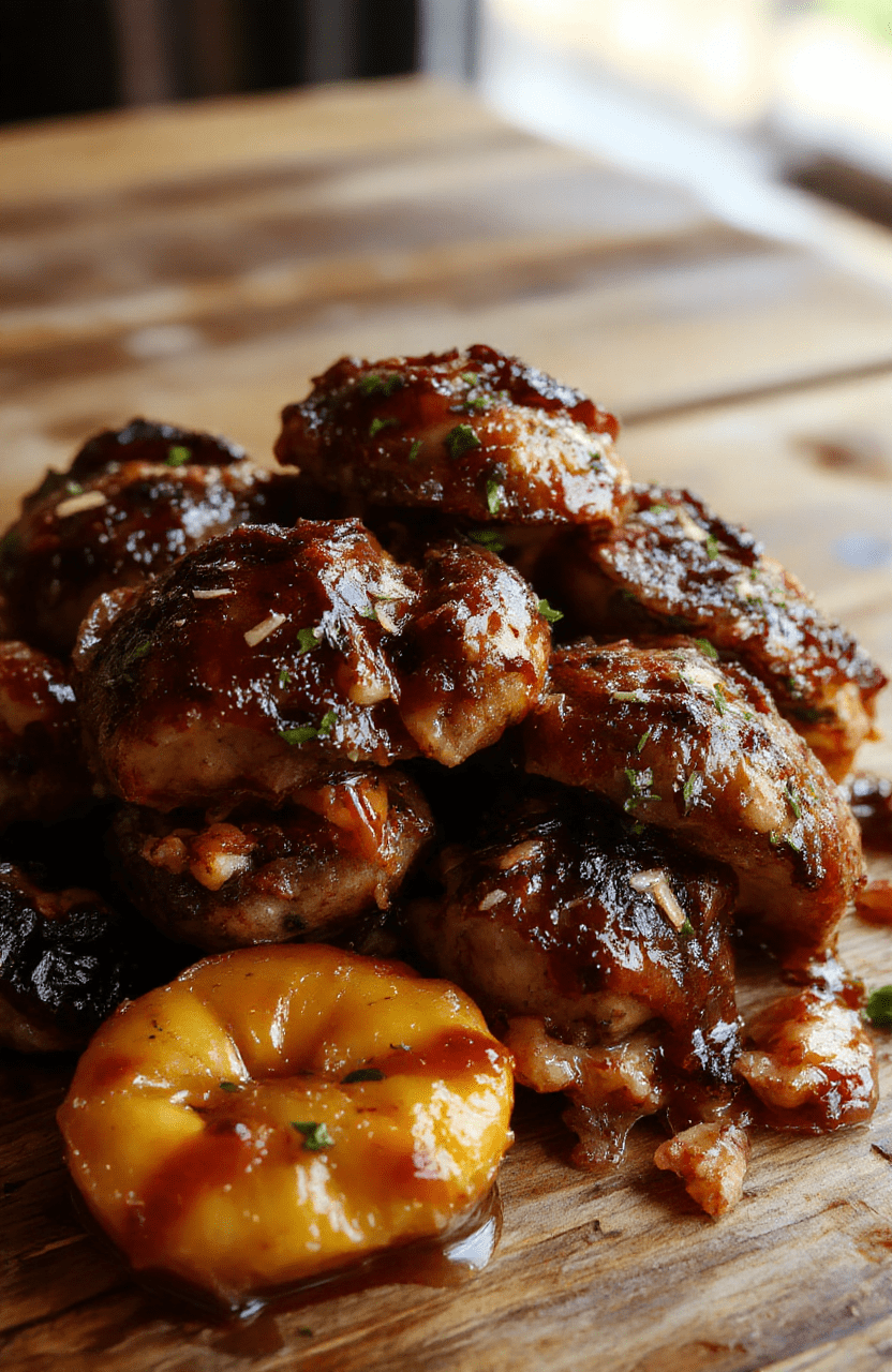 Buntes Hähnchenfilet mit glänzender Honig-Knoblauch-Glasur, serviert auf einem rustikalen Holzbrett mit frischen Kräutern und Zitrusfrüchten, die Textur des Fleisches ist zart und saftig, die Glasur ist klebrig und goldgelb, die Präsentation ist ansprechend und einladend.