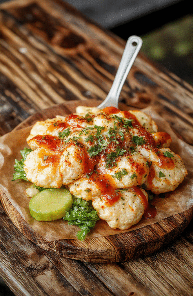Buntes Butterhähnchen auf einer weißen Platte, umgeben von frischen Korianderblättern, mit cremiger, orangener Soße, die reichhaltig glänzt, und goldbraun gebratenem Hähnchen, alles auf einem dunklen Holztablett stilvoll angerichtet.