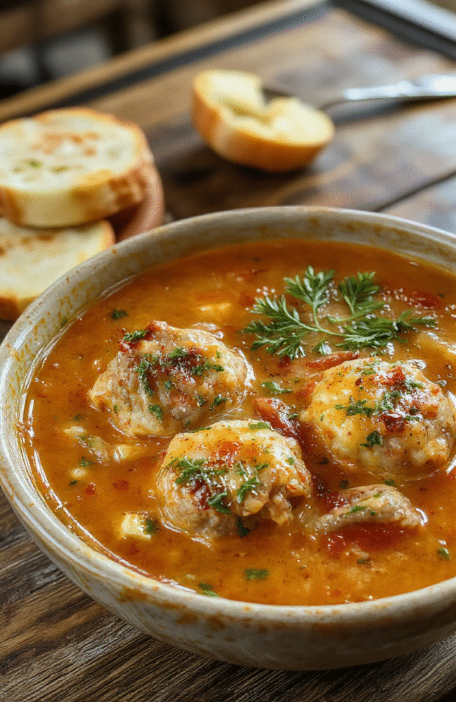 A vibrant bowl of Italian meatball soup featuring plump meatballs nestled among tender vegetables and herbs in a rich tomato broth, garnished with fresh parsley, served on a rustic wooden table.