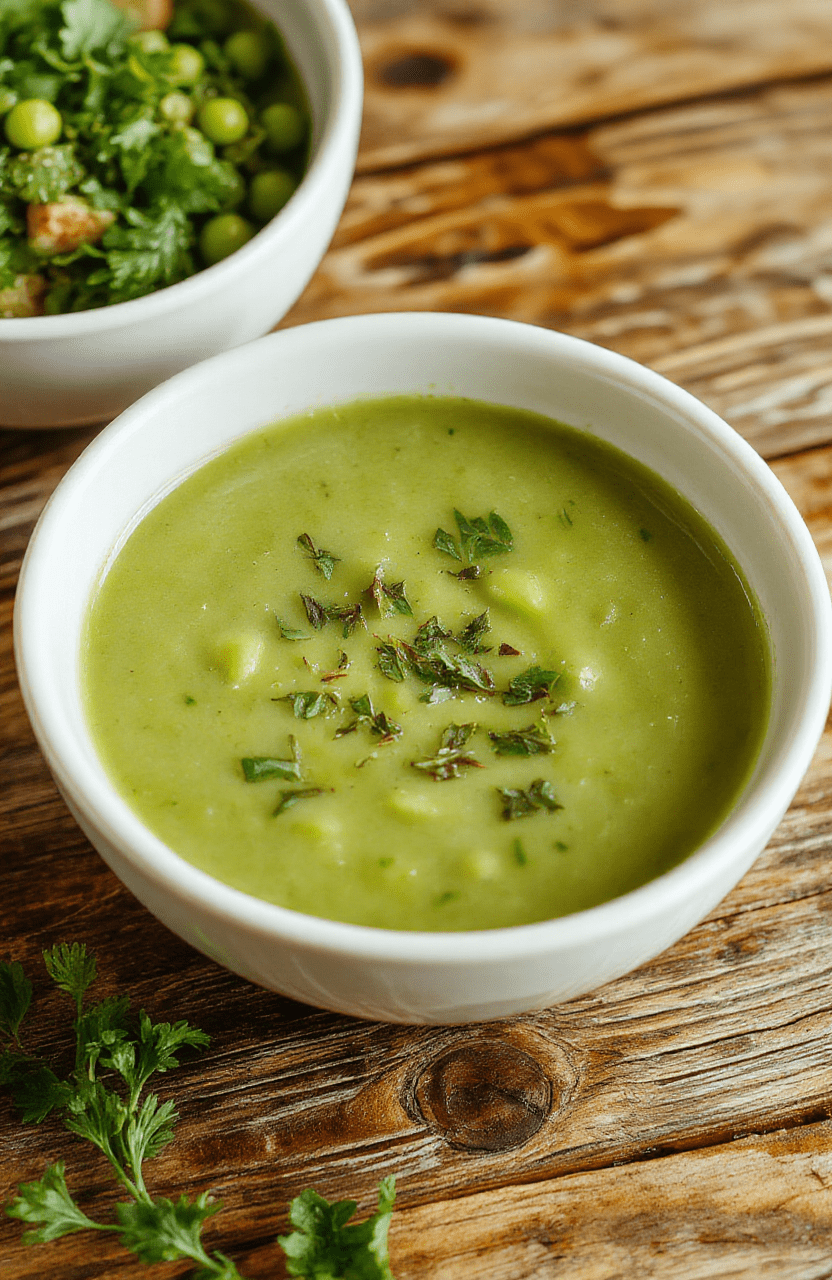 Helle grüne Erbsensuppe in einer weißen Schüssel mit frischer Petersilie garniert, auf einem rustikalen Holztisch, mit beiliegenden Brotscheiben im Hintergrund, cremige Konsistenz, appetitlich und einladend