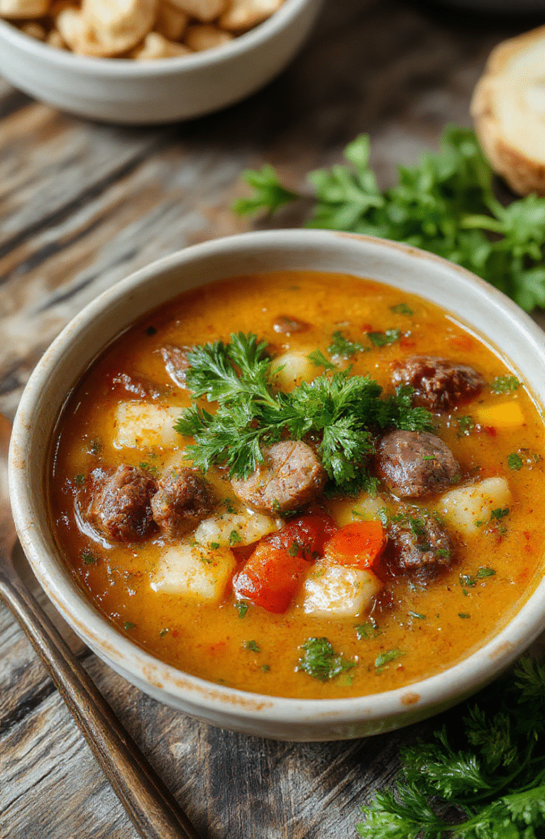 Eine warme, frisch zubereitete Gemüse-Rindfleisch-Suppe in einer weißen Schüssel auf einem rustikalen Holztisch, gefüllt mit buntem Gemüse, zarten Rindfleischstücken, dampfend und appetitlich angerichtet, mit frischen Kräutern garniert