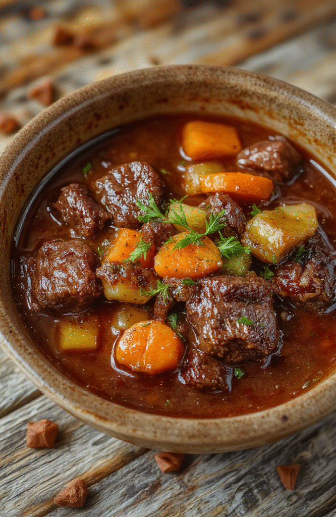 Ein reich gedeckter Rindereintopf in einer großen, traditionellen Schüssel. Die Suppe ist dunkelbraun, mit saftigem Rindfleisch, stückigen Karotten, Sellerie und Zwiebeln, garniert mit frischen Kräutern. Die Textur wirkt sämig und einladend, im Hintergrund sieht man rustikale, handgemachte Brotlaibe.