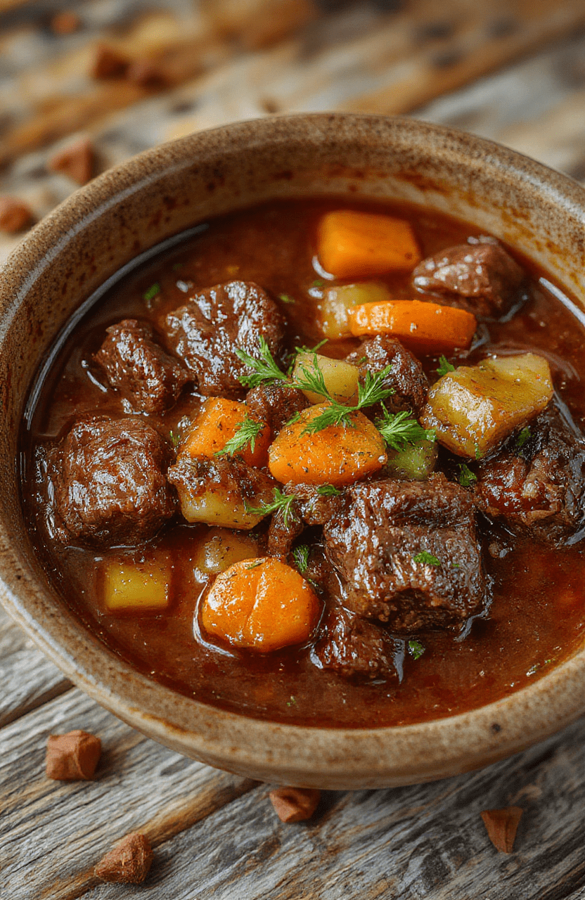 Ein reich gedeckter Rindereintopf in einer großen, traditionellen Schüssel. Die Suppe ist dunkelbraun, mit saftigem Rindfleisch, stückigen Karotten, Sellerie und Zwiebeln, garniert mit frischen Kräutern. Die Textur wirkt sämig und einladend, im Hintergrund sieht man rustikale, handgemachte Brotlaibe.