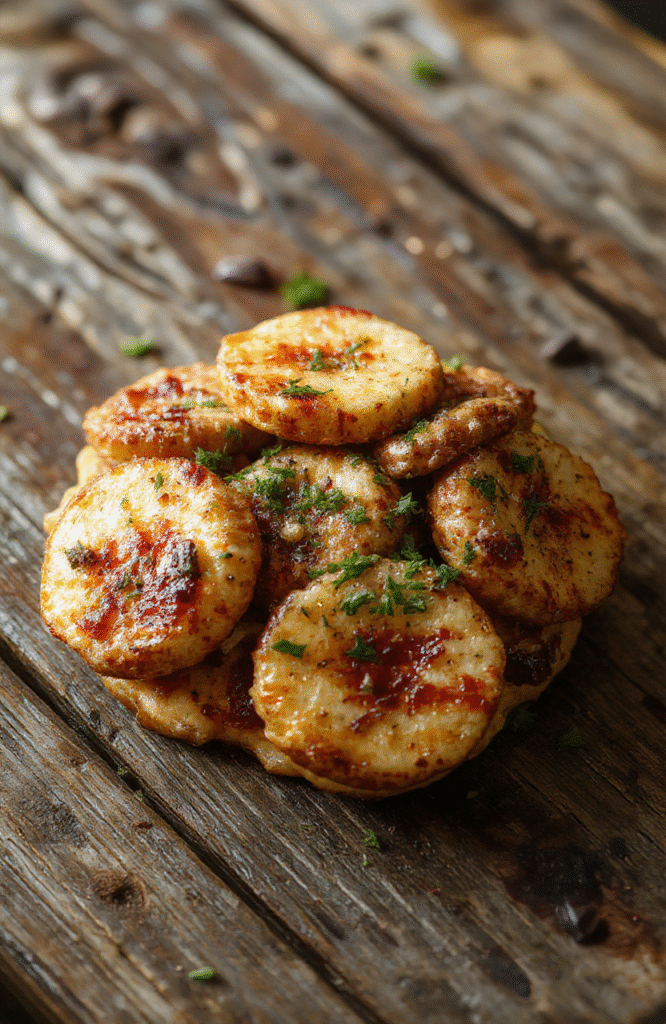 Bunt angerichtete Knoblauch-Butter-Hähnchen-Häppchen auf einem weißen Teller, begleitet von einer cremigen Parmesan-Pasta, Garnitur aus frischen Kräutern, stets appetitlich und verlockend, mit goldbrauner Kruste, glänzendem Sauce-Dip und frisch gewaschener Petersilie.