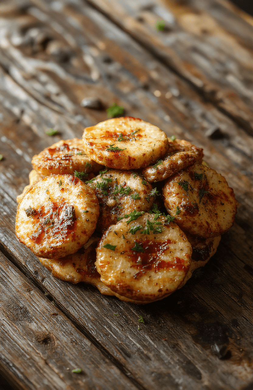 Bunt angerichtete Knoblauch-Butter-Hähnchen-Häppchen auf einem weißen Teller, begleitet von einer cremigen Parmesan-Pasta, Garnitur aus frischen Kräutern, stets appetitlich und verlockend, mit goldbrauner Kruste, glänzendem Sauce-Dip und frisch gewaschener Petersilie.