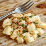 Bunte Gnocchi mit goldbrauner Hähnchenbrust und frischem Knoblauch, serviert in einer eleganten Pfanne, mit Kräutern garniert, auf einem hellen Holztisch