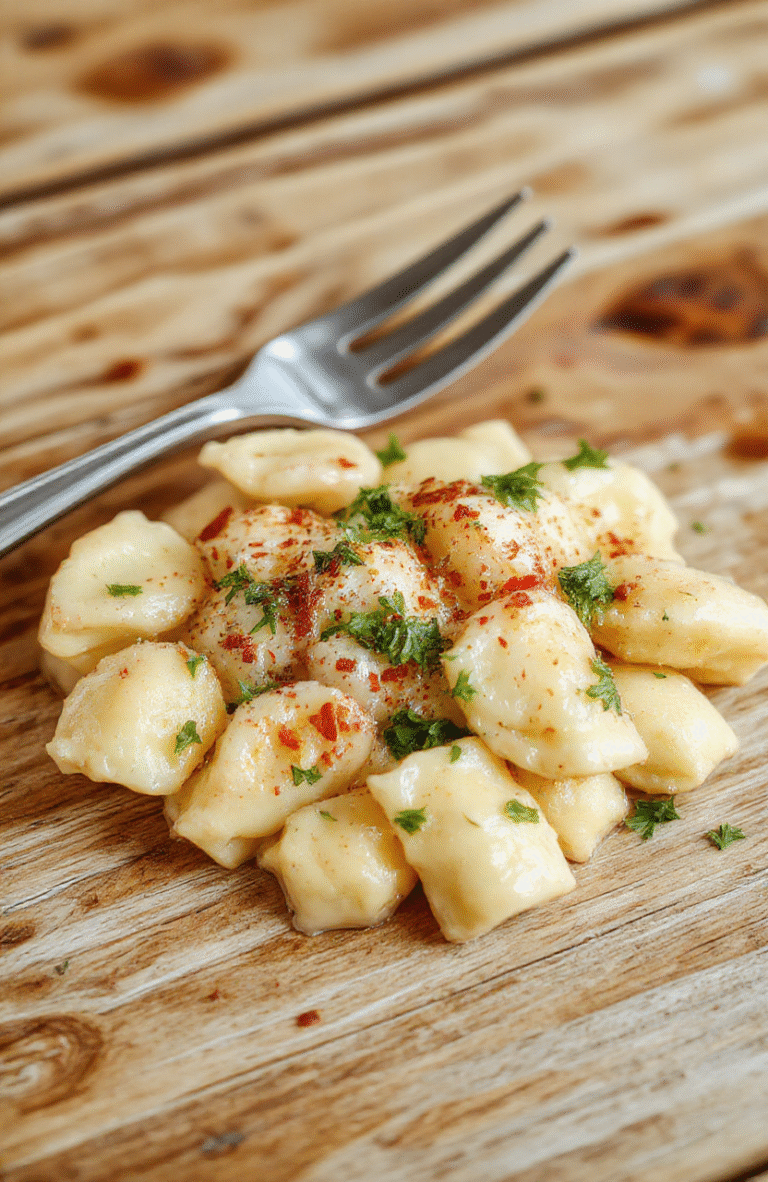 Bunte Gnocchi mit goldbrauner Hähnchenbrust und frischem Knoblauch, serviert in einer eleganten Pfanne, mit Kräutern garniert, auf einem hellen Holztisch