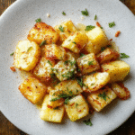 Das Gericht zeigt saftiges Hähnchenbrustfilet mit knuspriger Parmesan-Kruste, umgeben von goldbraunen Kartoffeln, auf einem weißen Teller mit frischer Petersilie garniert, alles vor einem hellen Holztisch, im natürlichen Licht aufgenommen.