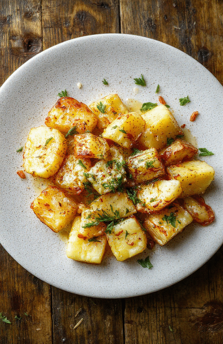 Das Gericht zeigt saftiges Hähnchenbrustfilet mit knuspriger Parmesan-Kruste, umgeben von goldbraunen Kartoffeln, auf einem weißen Teller mit frischer Petersilie garniert, alles vor einem hellen Holztisch, im natürlichen Licht aufgenommen.